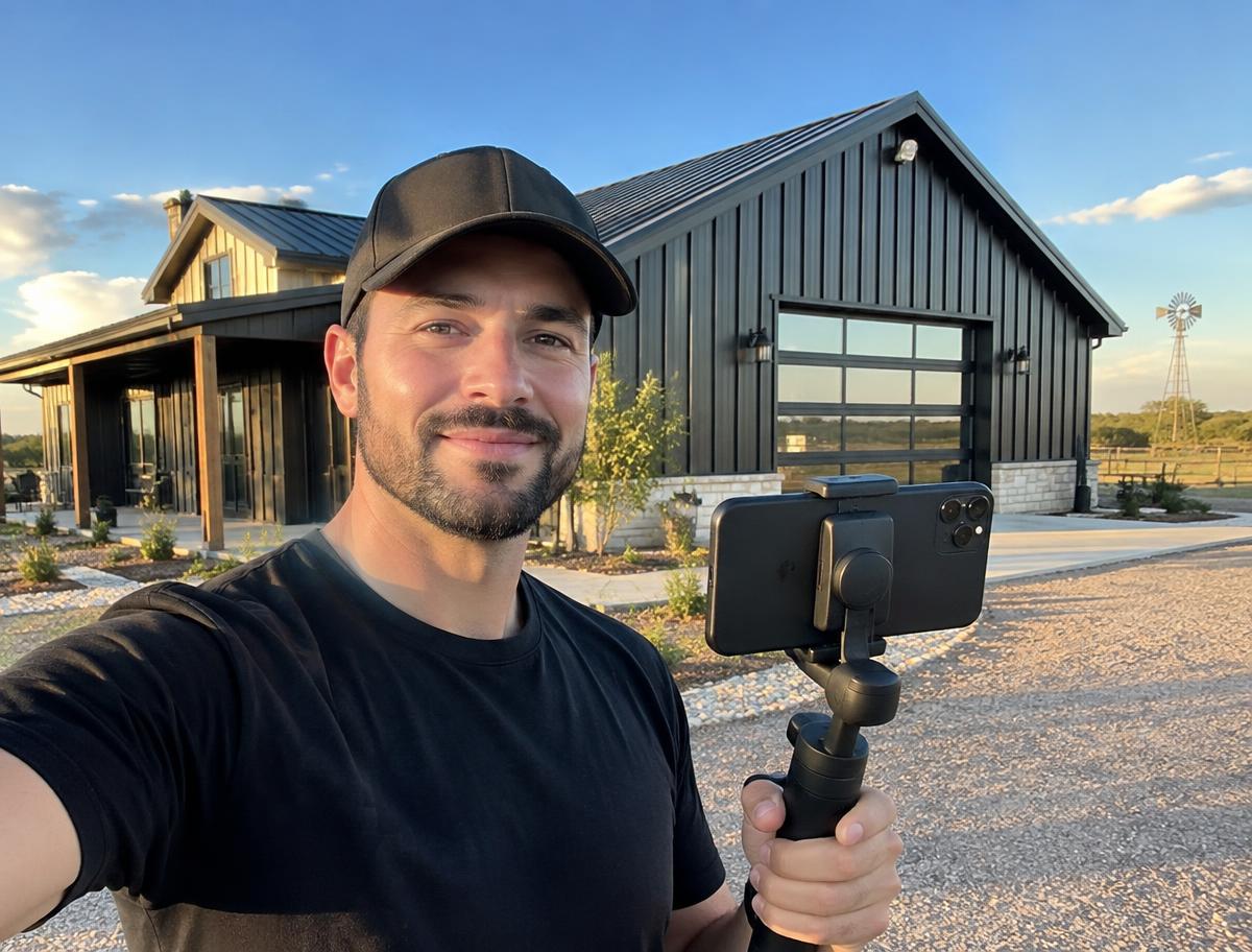Creator recording a video inside a red iron steel frame