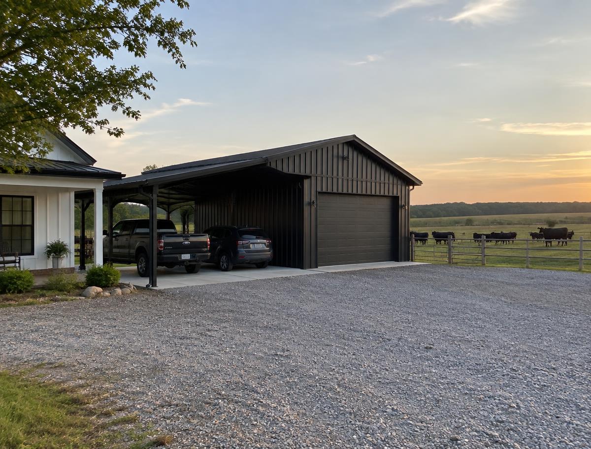 Black metal garage and carport beside a farmhouse